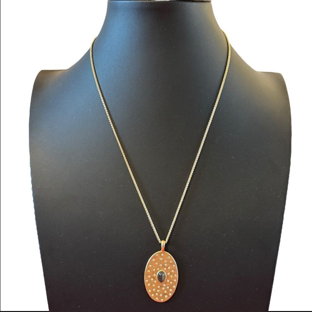 Beautiful Set Stone Pave Disc Pendant on Gold Tone Chain.